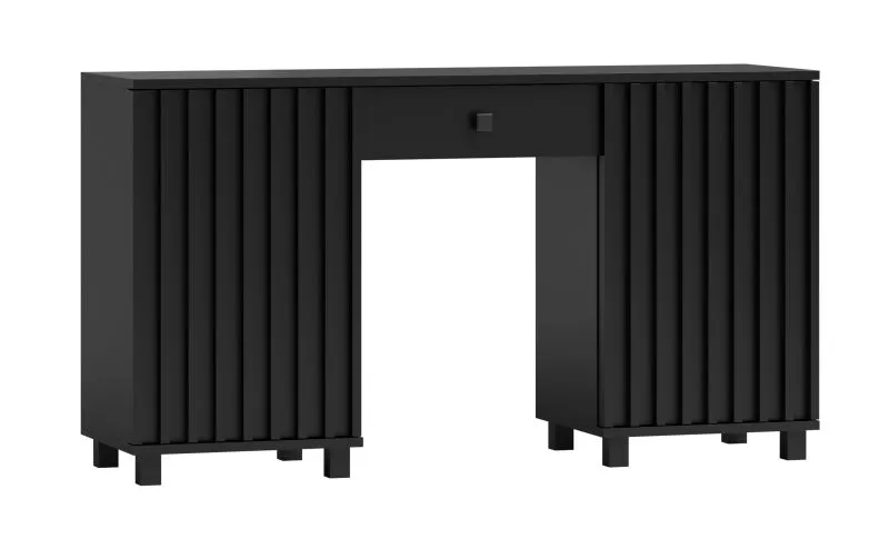 Schreibtisch mit 4 Fächern, in Schwarz, 77 x 140 x 60 cm, Soft Close System, 2 Türen und 1 Schublade, Fronten mit Lamellen, Metallgriffe