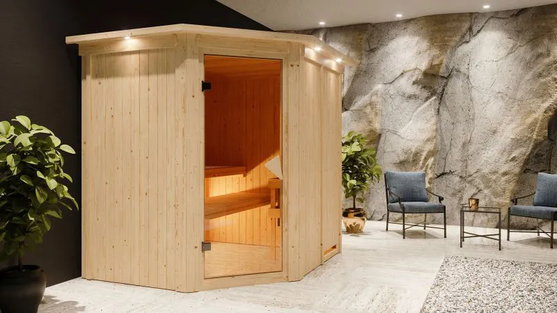 Sauna "Hanko" SET mit Kranz und Ofen BIO 9 kW - 210 x 184 x 202 cm (B x T x H)