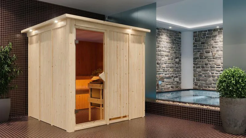 Sauna "Aleksi" SET mit Kranz und Ofen externe Steuerung easy 9 kW Edelstahl - 210 x 210 x 202 cm (B x T x H)