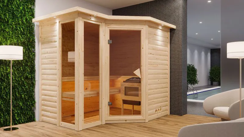 Sauna "Solveig" SET mit bronzierter Tür und Kranz - Farbe: Natur, Ofen externe Steuerung easy 9 kW - 264 x 198 x 212 cm (B x T x H)