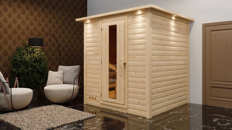 Sauna "Jonna" SET mit Kranz und Energiespartür - Farbe: Natur, Ofen BIO 9 kW - 224 x 210 x 206 cm (B x T x H)