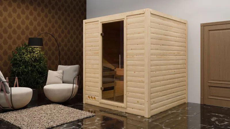 Sauna "Jonna" SET mit graphitfarbener Tür - Farbe: Natur, Ofen 9kW - 196 x 196 x 200 cm (B x T x H)