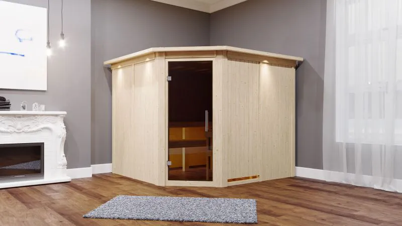 Sauna "Samu" mit graphitfarbener Tür und Kranz - Farbe: Natur - 245 x 210 x 202 cm (B x T x H)