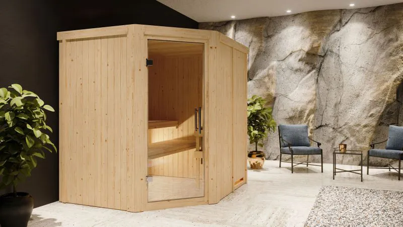 Sauna "Hanko" SET mit Klarglastür & Ofen BIO 9 kW - 196 x 170 x 198 cm (B x T x H)