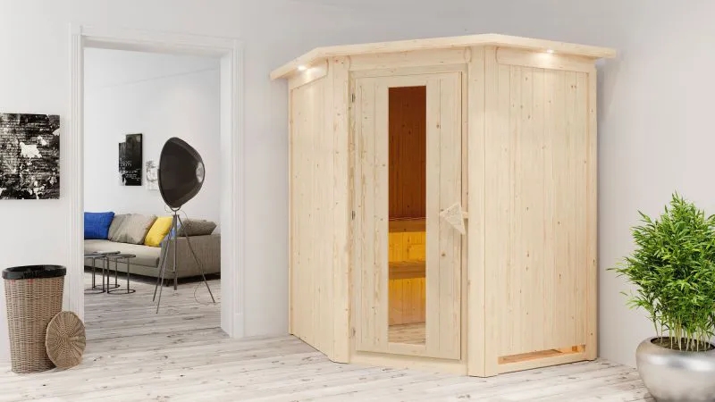 Sauna "Loran" mit Energiespartür und Kranz - Farbe: Natur - 165 x 165 x 202 cm (B x T x H)