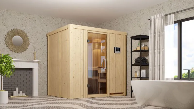 Sauna "Jarle" SET mit Klarglastür - Farbe: Natur, Ofen externe Steuerung easy 3,6 kW - 196 x 151 x 198 cm (B x T x H)