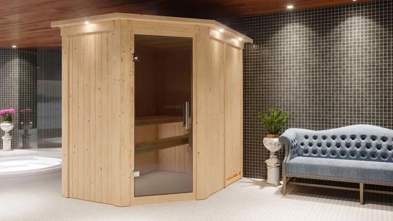 Sauna "Ole" mit graphitfarbener Tür und Kranz - Farbe: Natur - 165 x 210 x 202 cm (B x T x H)