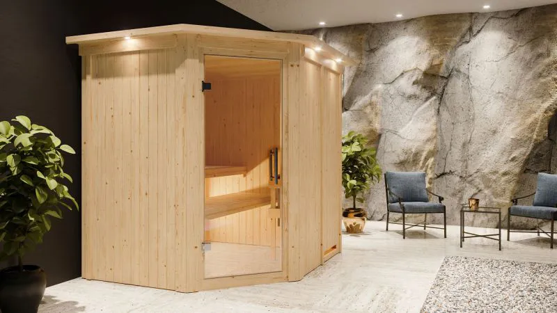 Sauna "Askjell" AKTION mit Klarglastür und Kranz - Farbe: Natur - 210 x 184 x 202 cm (B x T x H)