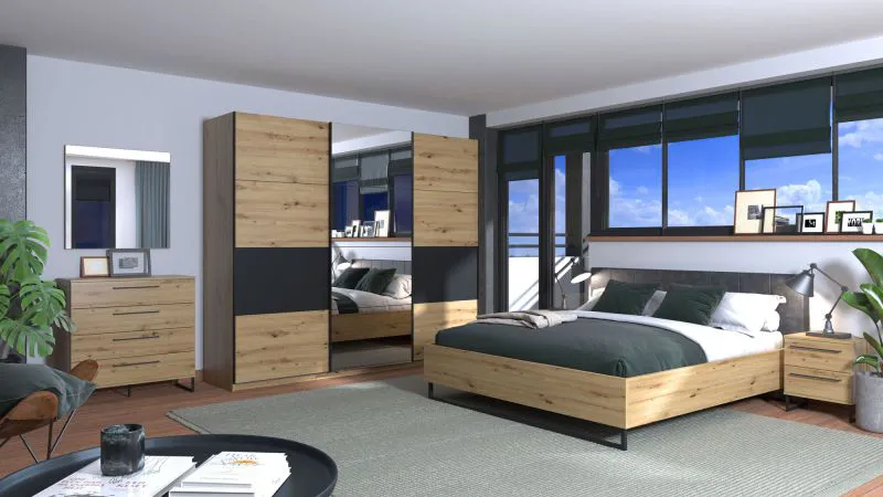 Schlafzimmer Komplett - Set A Crina, 6-teilig, Farbe: Eiche Artisan / Grau, ABS-Kanten, ein Doppelbett, zwei Nachtkommoden, eine Kommode, ein Kleiderschrank und ein Spiegel
