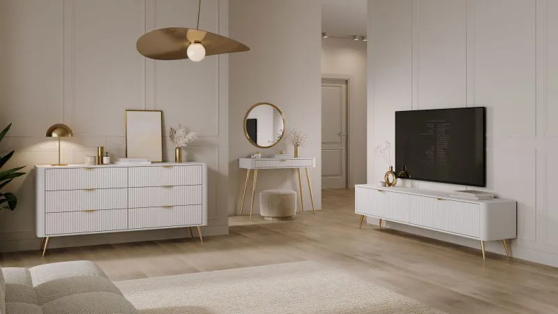 Wohnzimmer - Set D Sloughia | 3-teilig | Weiß | Griffe & Beine: Metall | Schminktisch | TV-Unterschrank | Kommode | Lamellen Front | modernes Design