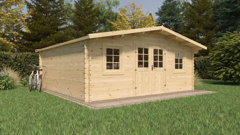 Gartenhaus Wiesencharme 04, Grundfläche 25 m², 44 mm Blockbohlenhaus, Naturbelassen, mit 1 Doppeltür und 2 Einzelfenstern, Satteldach