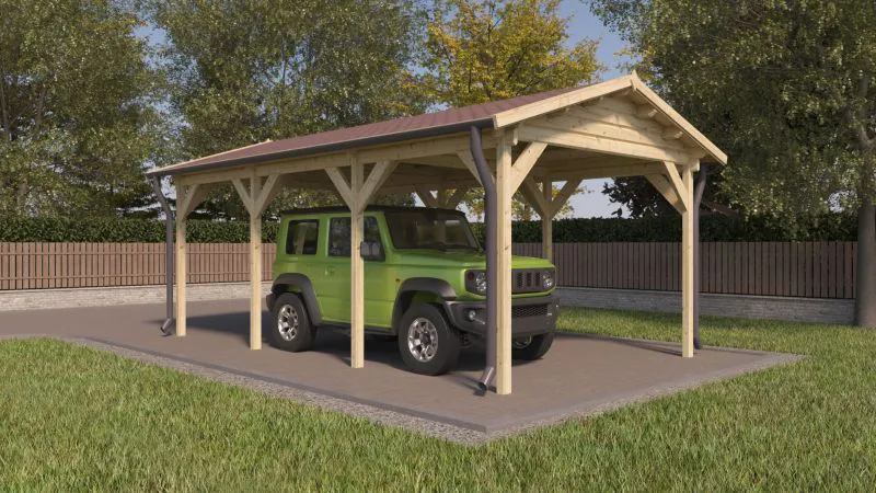 Einzelcarport TA 13 | Fichten- und Kiefernholz | Grundfläche 19,61 m² | Satteldach | Sockelmaße 328 x 598 cm | witterungsbeständig