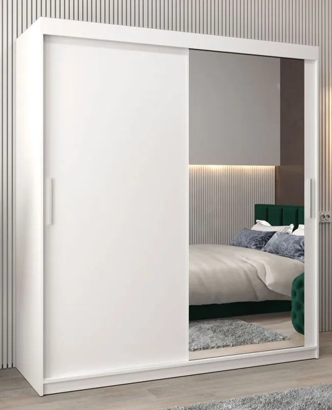 Schiebetürenschrank / Kleiderschrank Bisaurin 4C mit Spiegel, Farbe: Weiß matt - Abmessungen: 200 x 180 x 62 cm ( H x B x T)