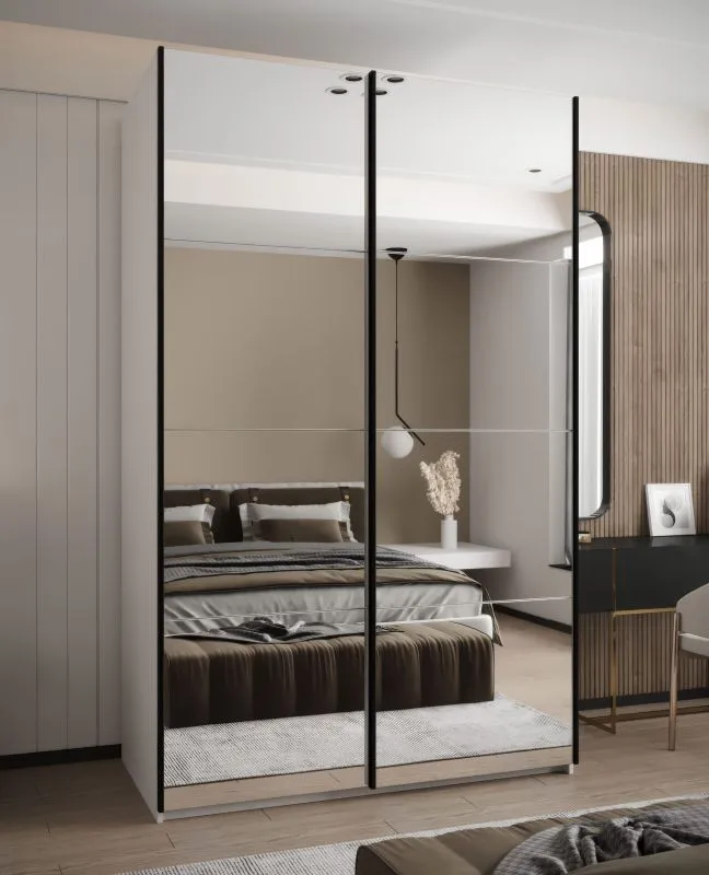Kleiderschrank / Schiebetürenschrank | 245,5 x 160 x 64 cm | 11 Fächer | 2 Kleiderstangen | Farbe: Weiß | Spiegel | Soft-Close | 2 Schiebetüren