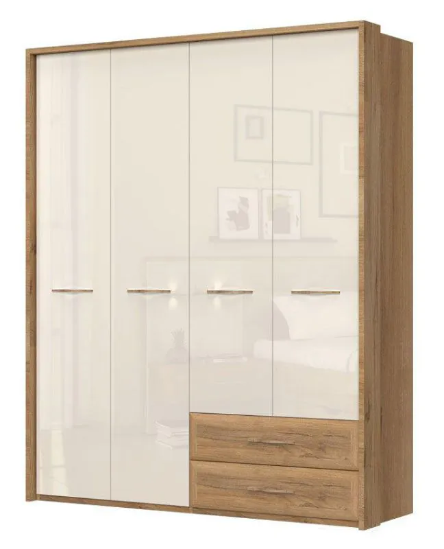 182 cm breiter Kleiderschrank mit 4 Türen, 4 Fächern und 2 Schubladen | Farbe: Beige | Tiefe: 56 cm Abbildung