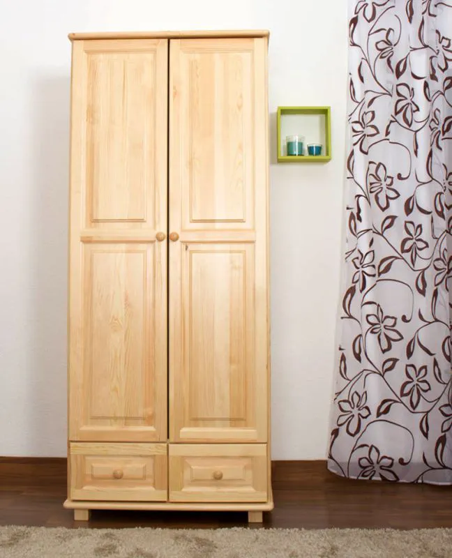 Kleiderschrank | 2 Drehtüren | 2 Schubladen | 1 Fach | mit Kleiderstange | 80 cm breit | Massivholz | Farbe: Natur Abbildung