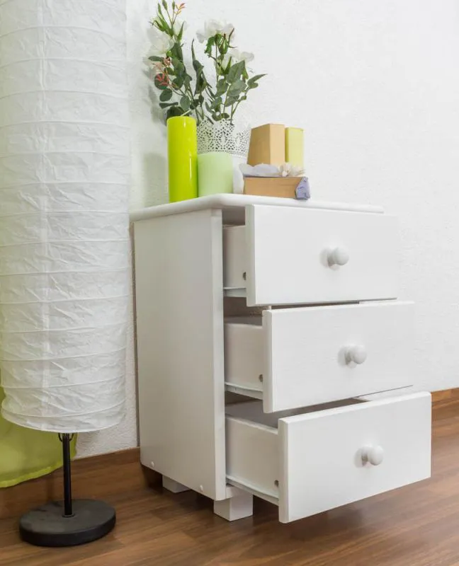 Nachtkommode Weiß 60x43x33 (HxBxT) Kiefer massiv, 3 Schublade(n) Abbildung