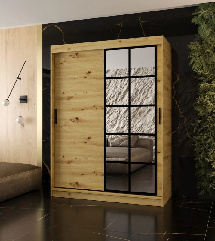 Schiebetürenschrank / Kleiderschrank | Farbe: Eiche Artisan | 5 Fächer | 2 Kleiderstangen | 150 x 62 x 200 cm | dekorative Spiegeltür | für Schlafzimmer
