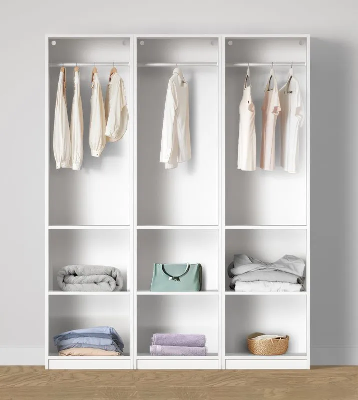Offener Kleiderschrank | 3 Kleiderstangen | Farbe: Weiß | 4 Fächer | Maße: 154 x 55 x 196 cm | einfaches Design | 6 Holzeinlegeböden | für Ankleidezimmer