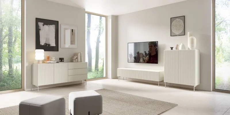 Wohnzimmer - Set A Goulette | 3-teilig | Farbe: Kaschmir | geriffelte Front | Push-to-open Funktion | ABS-Schutzkanten | 1 TV-Schrank | 2 Kommoden