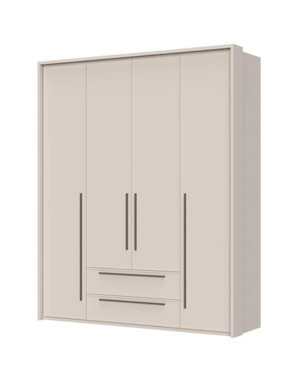 Kleiderschrank mit vier Türen Neiafu 40, zwei Schubladen, drei Kleiderstangen, Farbe: Kaschmir, sieben Einlegeböden, Maße: 226 x 187 x 60 cm, verstellbare Füße