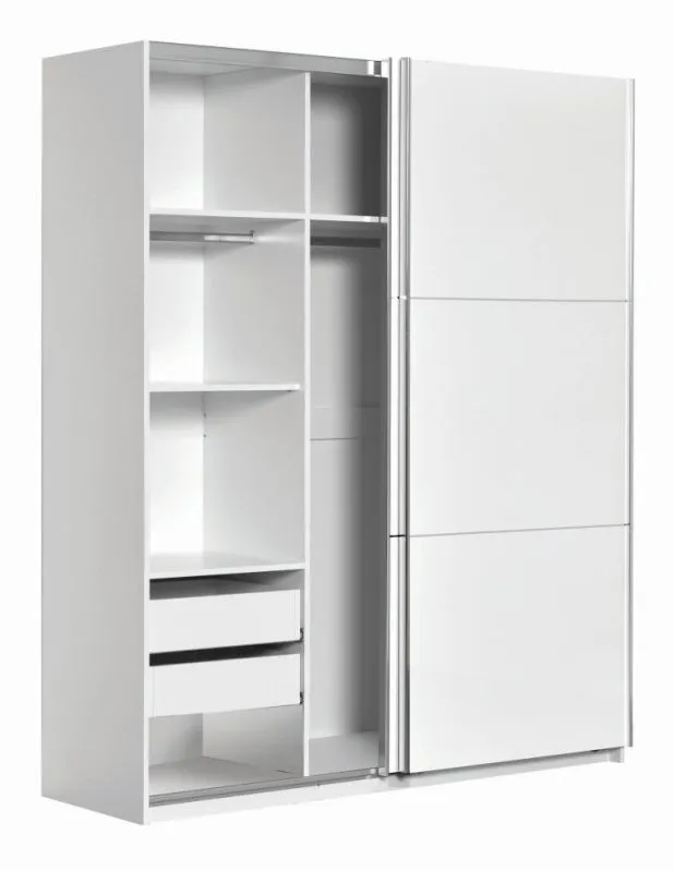 Kleiderschrank | 2 Schiebetüren | 2 Schubladen | 6 Fächer | mit 2 Kleiderstangen | 179 cm breit | Farbe: Weiß Abbildung