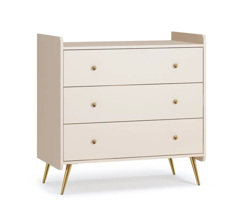 Babyzimmer Kommode | drei Schubladen | Farbe: Beige | Kinderzimmer | Griffe & Beine: Gold | Soft-Close | Maße: 90 x 50 x 90 cm | runde Griffe