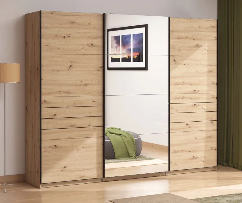 Kleiderschrank | 3-türig | 1 Spiegeltür | Farbe: Eiche Artisan | 3 Kleiderstangen | Maße: 167 x 61 x 217 cm | Schiebetürenschrank | sehr breit | 3 Fächer