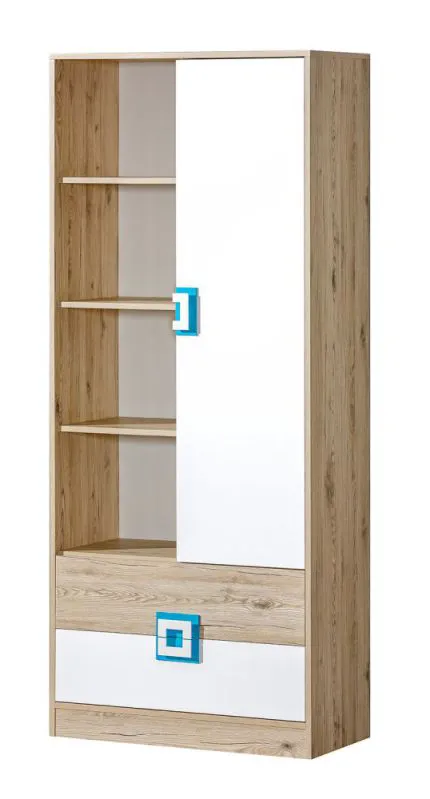 Kinderzimmer - Schrank Fabian 04, Farbe: Eiche Hellbraun / Weiß / Blau - 190 x 80 x 40 cm (H x B x T)