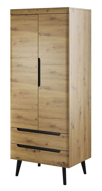 Schrank mit zwei Schubladen Polmadie 11, Farbe: Eiche Artisan / Schwarz - Abmessungen: 197 x 80 x 56 cm (H x B x T)