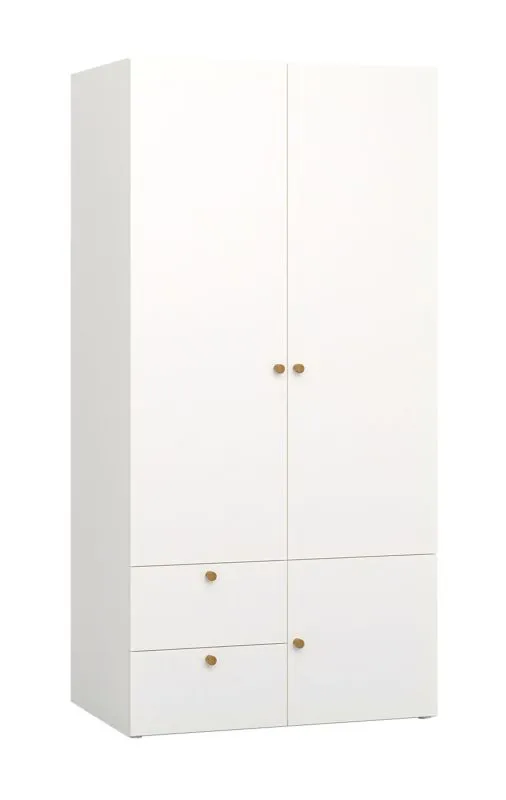 Drehtürenschrank mit zwei Türen Aenna 28, eine Kleiderstange, zwei Schubladen, Farbe: Weiß / Eiche, Maße: 202,5 x 100,5 x 60 cm, Griffe: Eiche, sechs Fächer