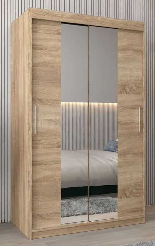 120 cm breiter Schiebetürenschrank mit 2 Türen | 5 Fächer | 2 Kleiderstangen | Farbe: Sonoma Eiche Abbildung