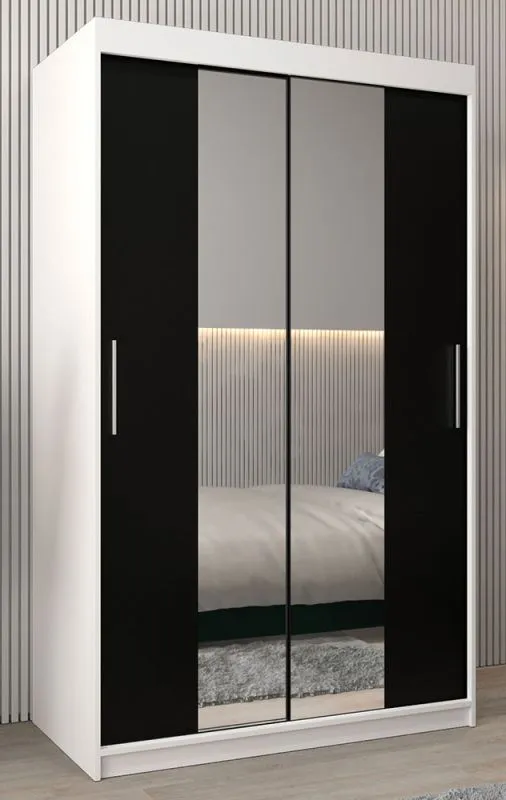 120 cm breiter Schiebetürenschrank mit 2 Türen | 5 Fächer | 2 Kleiderstangen | Farbe: Weiß / Schwarz Abbildung