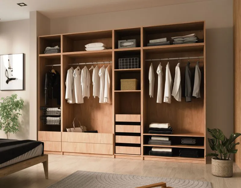 Schrankset für Ankleidezimmer - Set B Aarwangen | Farbe: Eiche Piccini | Maße: 308,5 x 55 x 234 cm | offener Kleiderschrank | 3 Kleiderstangen | für Schlafzimmer