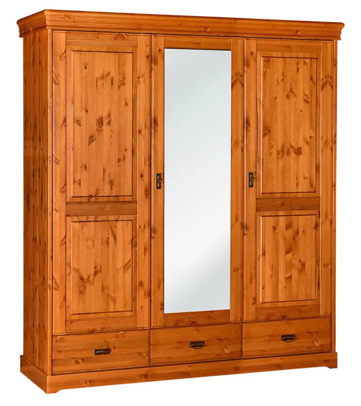 193 cm breiter Kleiderschrank mit 3 Türen, 5 Fächern und 3 Schubladen aus Massiv-Holz | Farbe: Kiefer | Tiefe: 62 cm Abbildung
