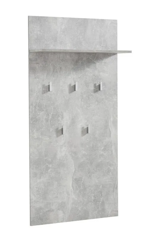 Garderobe mit Beton Optik Molia 03, fünf Haken, eine Ablagefläche, Farbe: Beton, ABS-Kantenschutz, Maße: 137 x 67 x 19,5 cm, für Vorraum