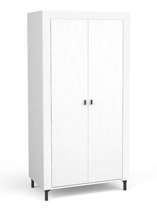 Schlichter Kleiderschrank mit zwei Fächer Barbe 01, Farbe: Weiß matt / Eiche, ABS, Maße: 193,5 x 97 x 56 cm, eine Kleiderstange, Griffe: Schwarz, genügend Stauraum