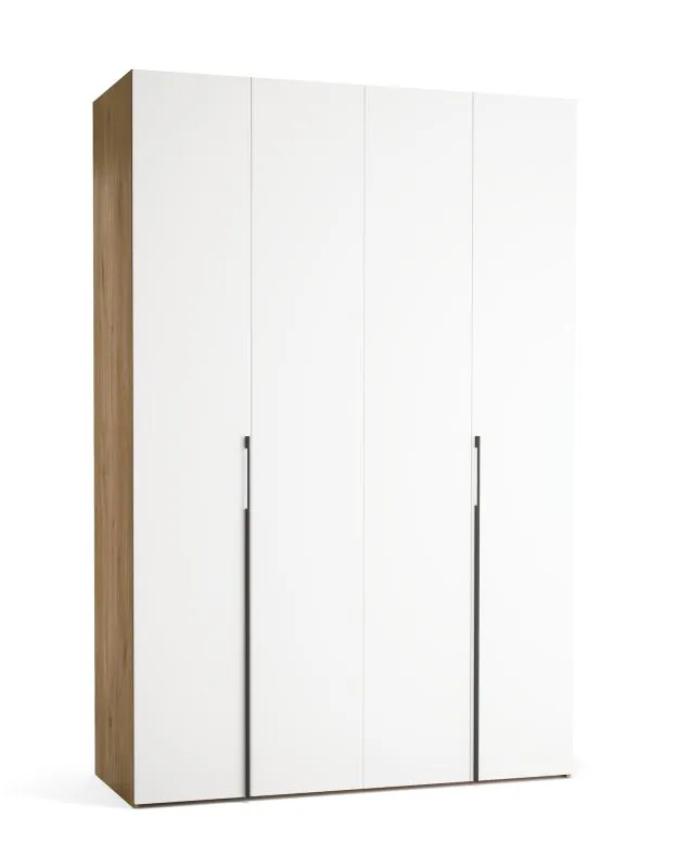 Falttür / Kleiderschrank | Farbe: Weiß / Eiche | 2 Türen | inkl. LED-Beleuchtung mit Bewegungssenor | 160 x 60 x 240 cm | Griffe: Schwarz | Soft-Close