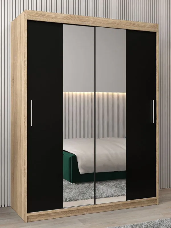 150 cm breiter Schiebetürenschrank mit 2 Türen | 5 Fächer | 2 Kleiderstangen | Farbe: Sonoma Eiche Abbildung