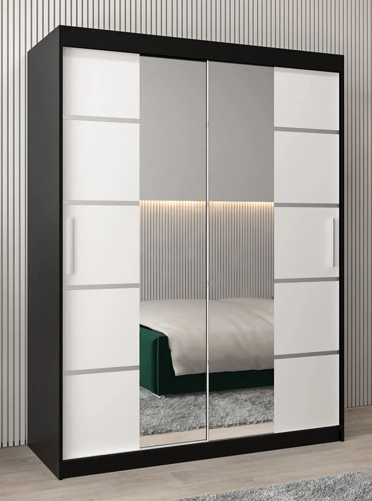 Schiebetürenschrank / Kleiderschrank Jan 03D mit Spiegel, Farbe: Schwarz / Weiß matt