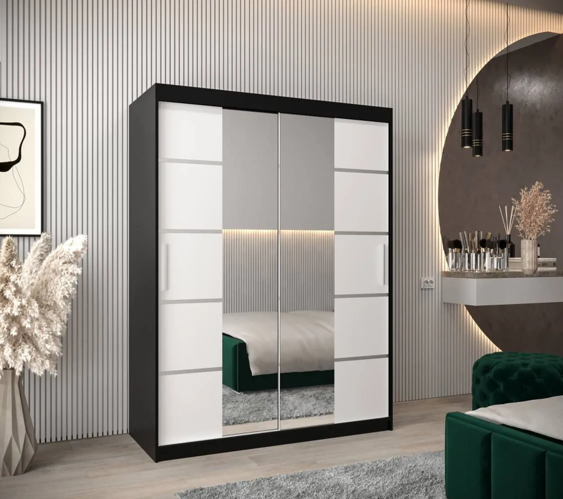 Schiebetürenschrank / Kleiderschrank Jan 03D mit Spiegel, Farbe: Schwarz / Weiß matt