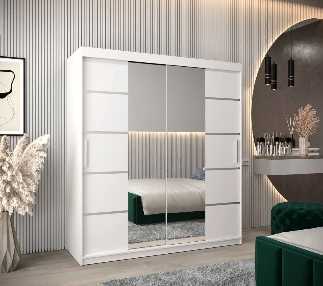 Schiebetürenschrank / Kleiderschrank Jan 04D mit Spiegel, Farbe: Weiß matt