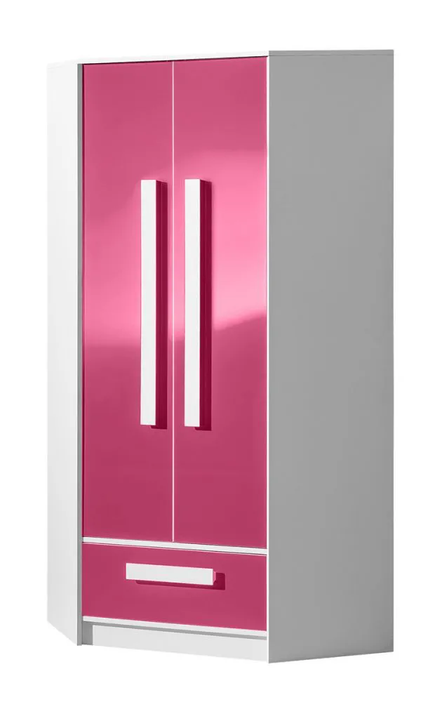 Kinderzimmer - Drehtürenschrank / Eckkleiderschrank Walter 02, Farbe: Weiß / Rosa Hochglanz