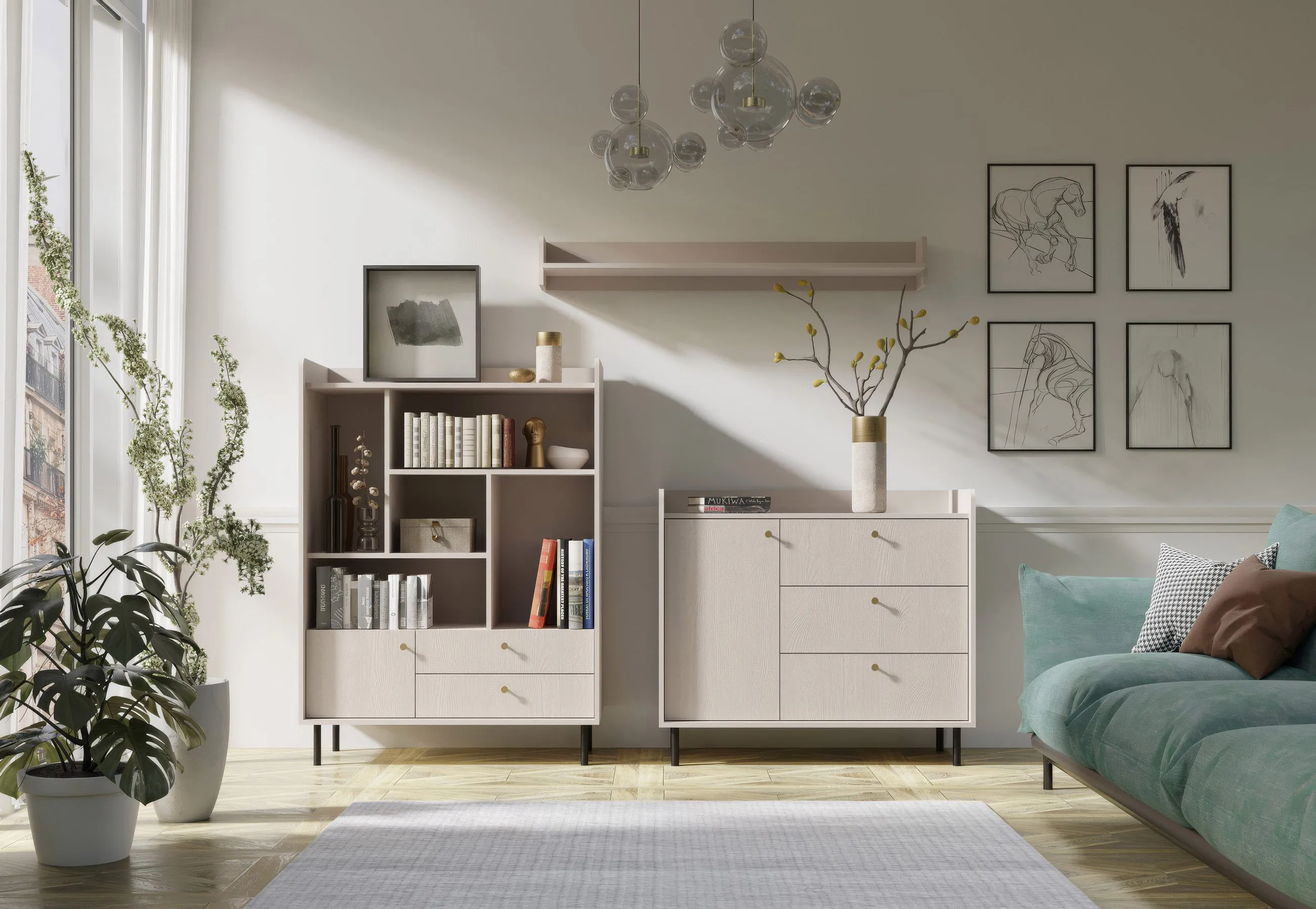 Wohnzimmer Set | 3-teilig | Farbe: Beige mit Holzstruktur | 1 Wandregal | 1 Kommode | 1 Kommode mit offenen Fächer