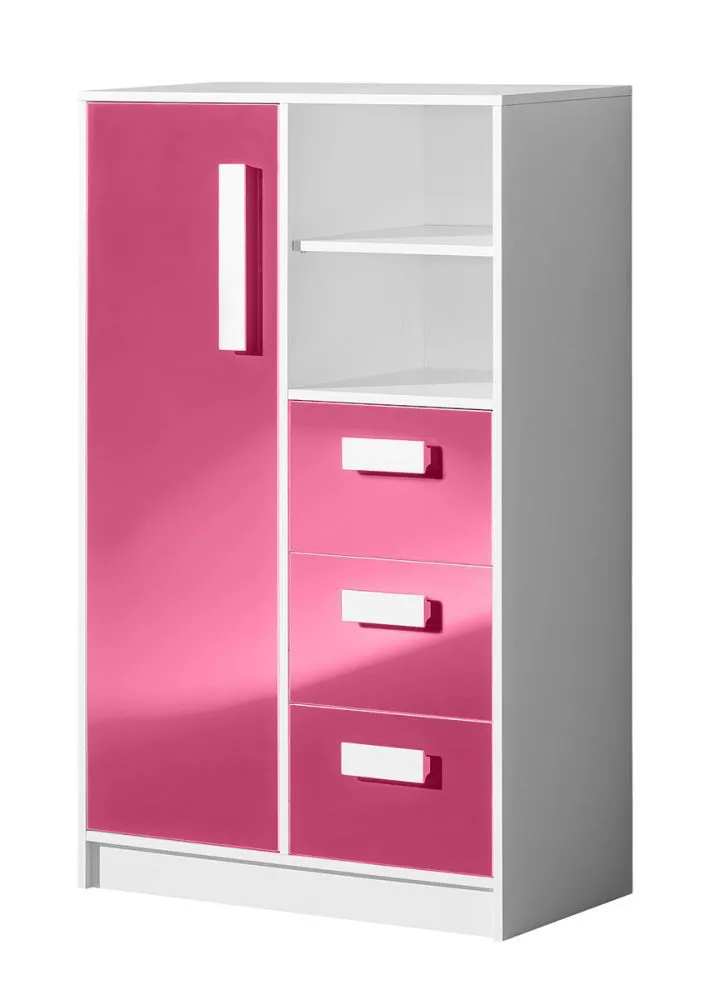 Kinderzimmer - Kommode Walter 05, Farbe: Weiß / Rosa Hochglanz
