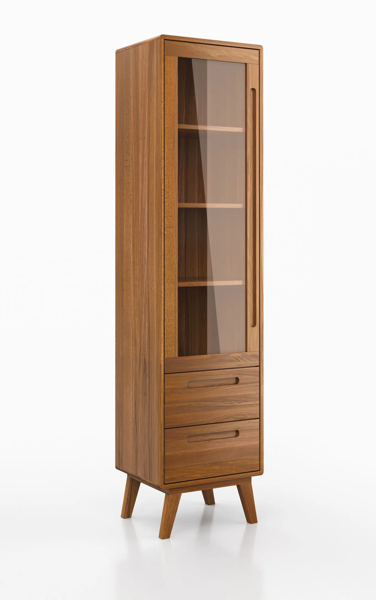 Vitrine Engordany 01 | Buche Vollholz massiv lackiert | Farbe: Eiche Rustikal | vier Fächer | Soft-Close-Funktion | zwei Schubladen