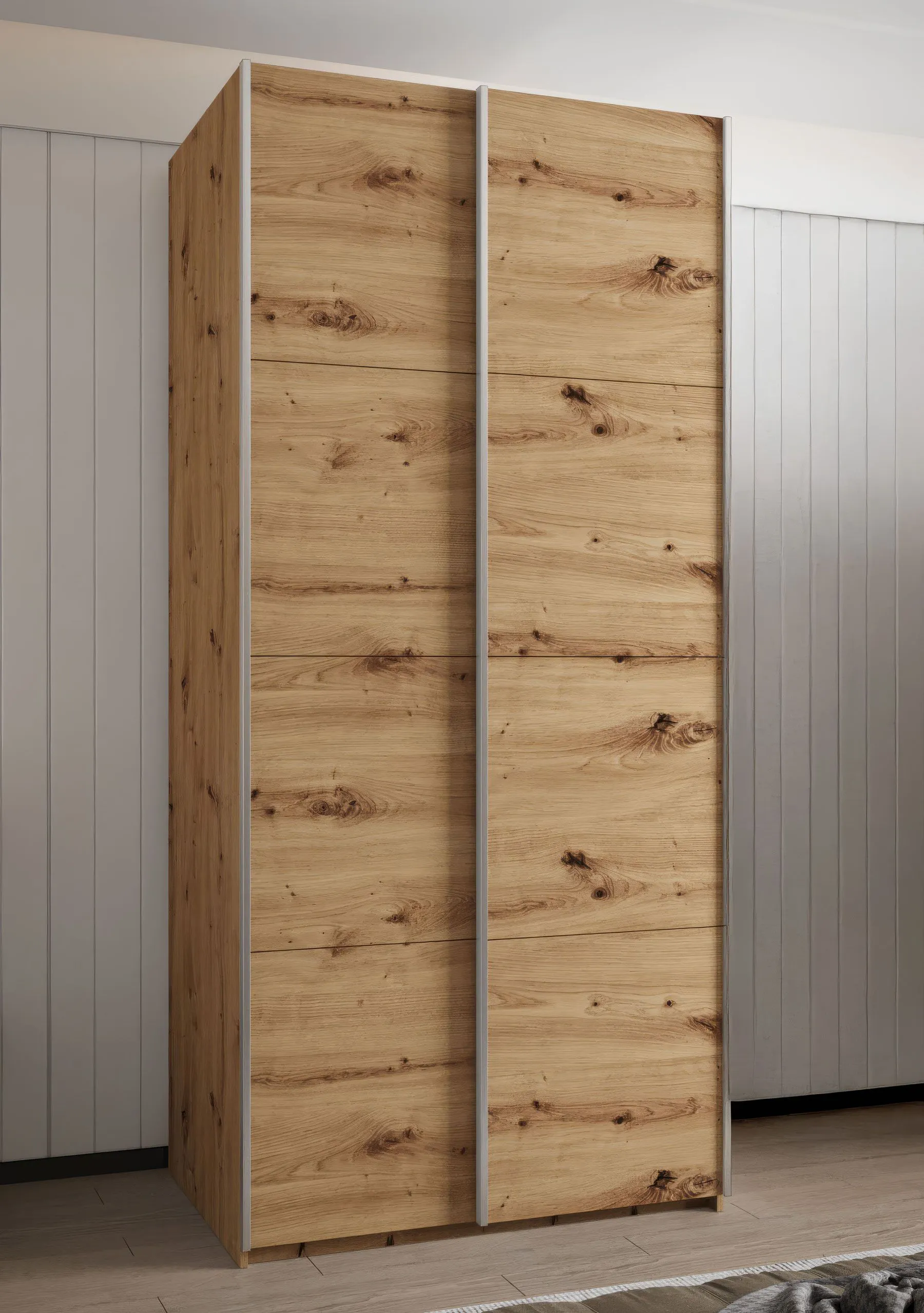 Kleiderschrank / Schiebetürenschrank | 2 Schiebetüren | 245,5 x 100 x 64 | 2 Kleiderstangen | 6 Fächer | Farbe: Eiche Artisan