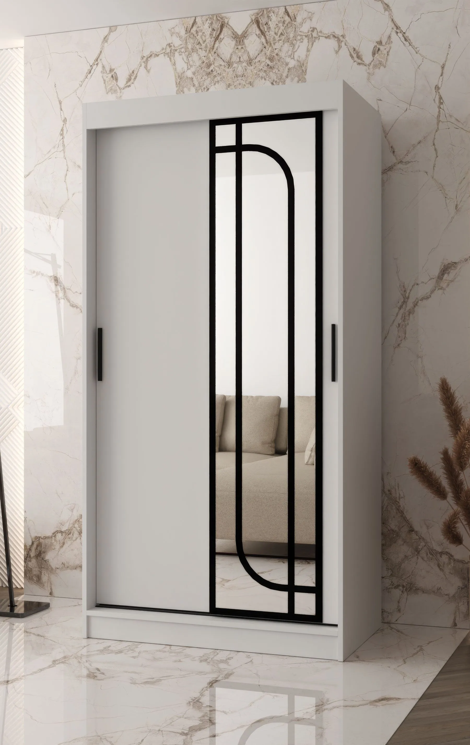 Schiebetürenschrank | Weiß Matt | 100 x 62 x 200 cm | 1 Spiegeltür | 2 Kleiderstangen | schmaler Kleiderschrank | 5 Fächer