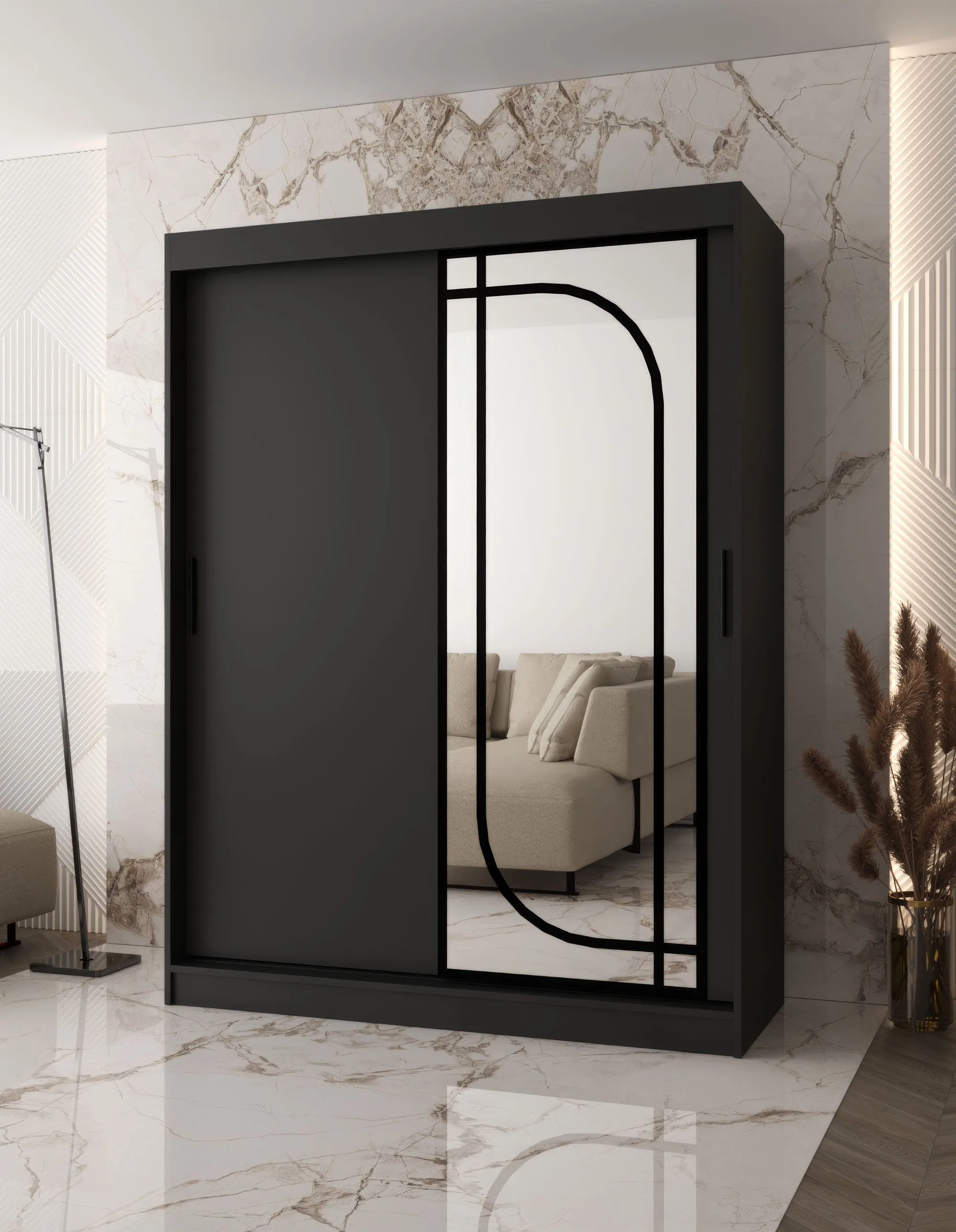 Schiebetürenschrank / Kleiderschrank | Schwarz Matt | 150 x 62 x 200 cm | 2 Kleiderstangen | zuverlässiges Gleitsysteme | 5 Fächer