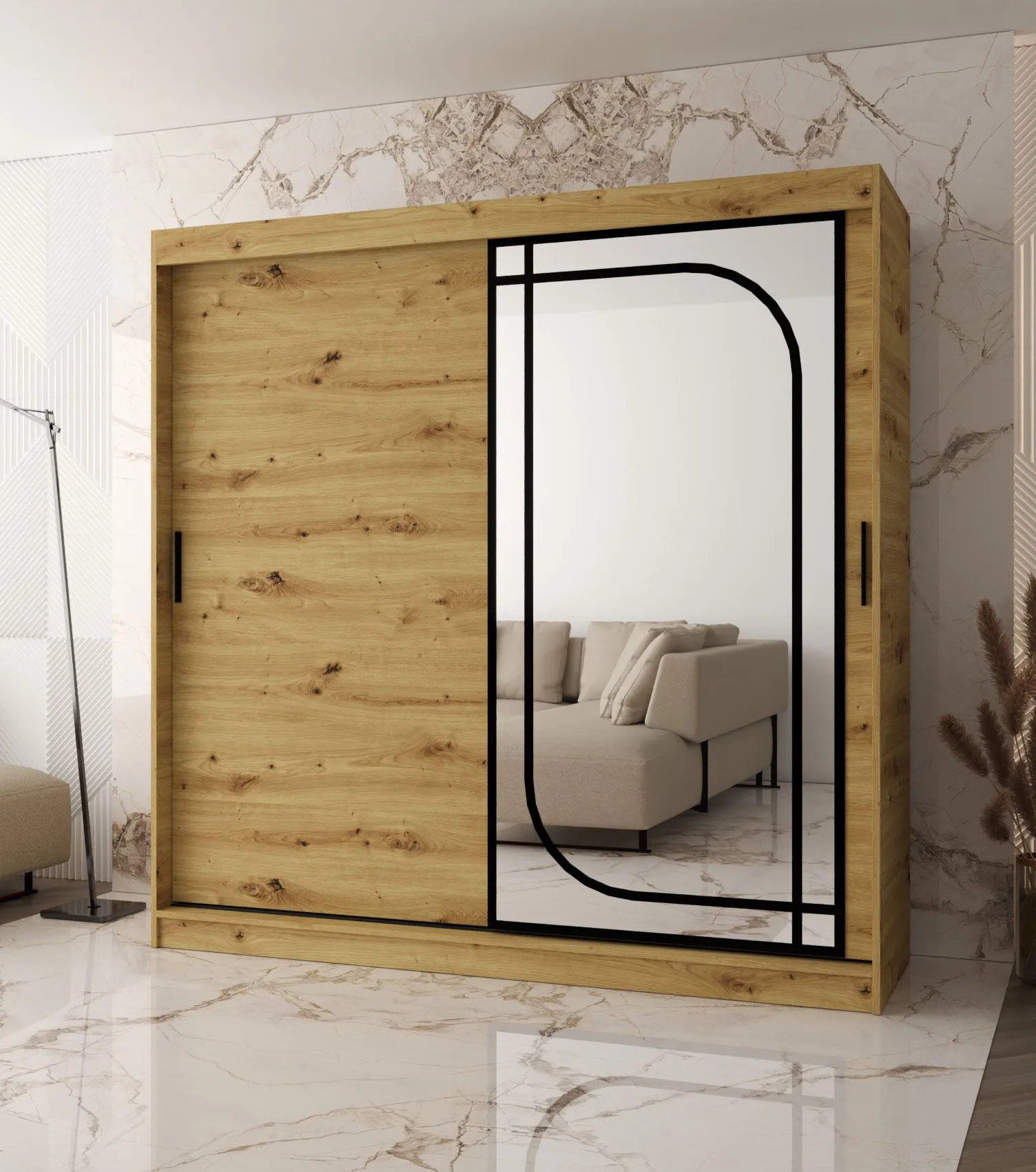 Schiebetürenschrank | Farbe: Eiche Artisan | dekorativer Spiegel | 200 x 62 x 200 cm | 10 Fächer | 2 Kleiderstangen | Moderne Details